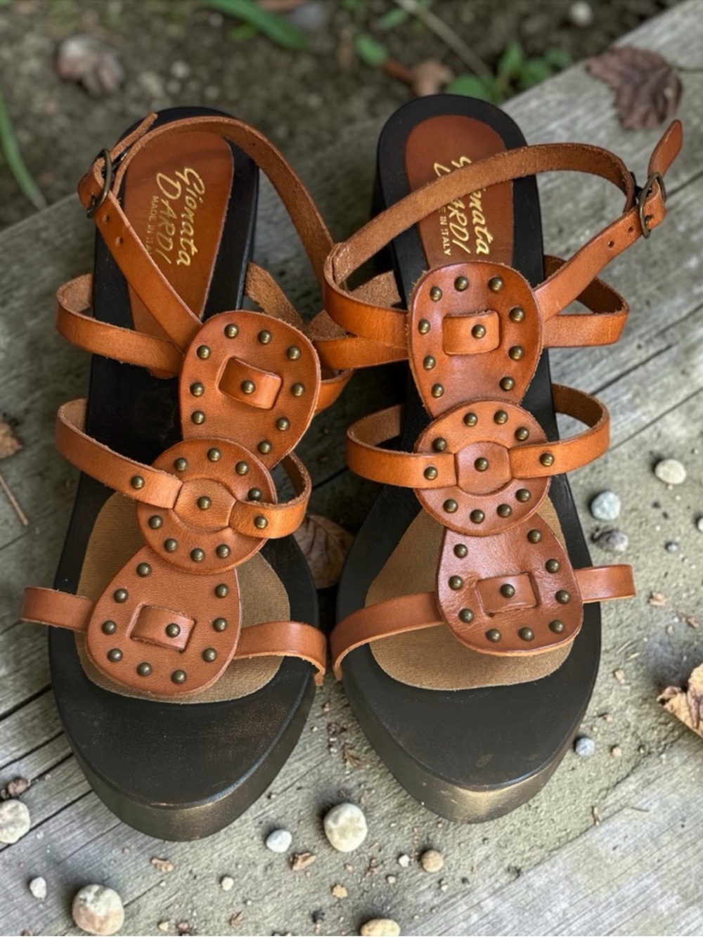 Gionata Dardi Leather Platform Sandals Studded Italy Brown Size 39.5 (~US 9.5)